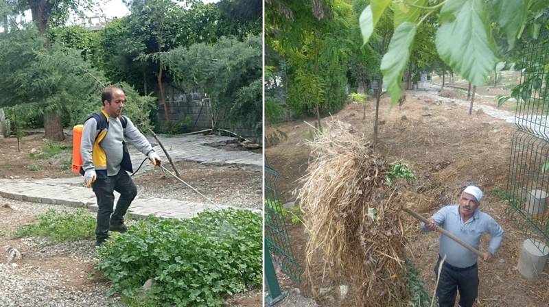 MEZARLIKLARDA OT BİÇME VE İLAÇLAMA ÇALIŞMALARI DEVAM EDİYOR